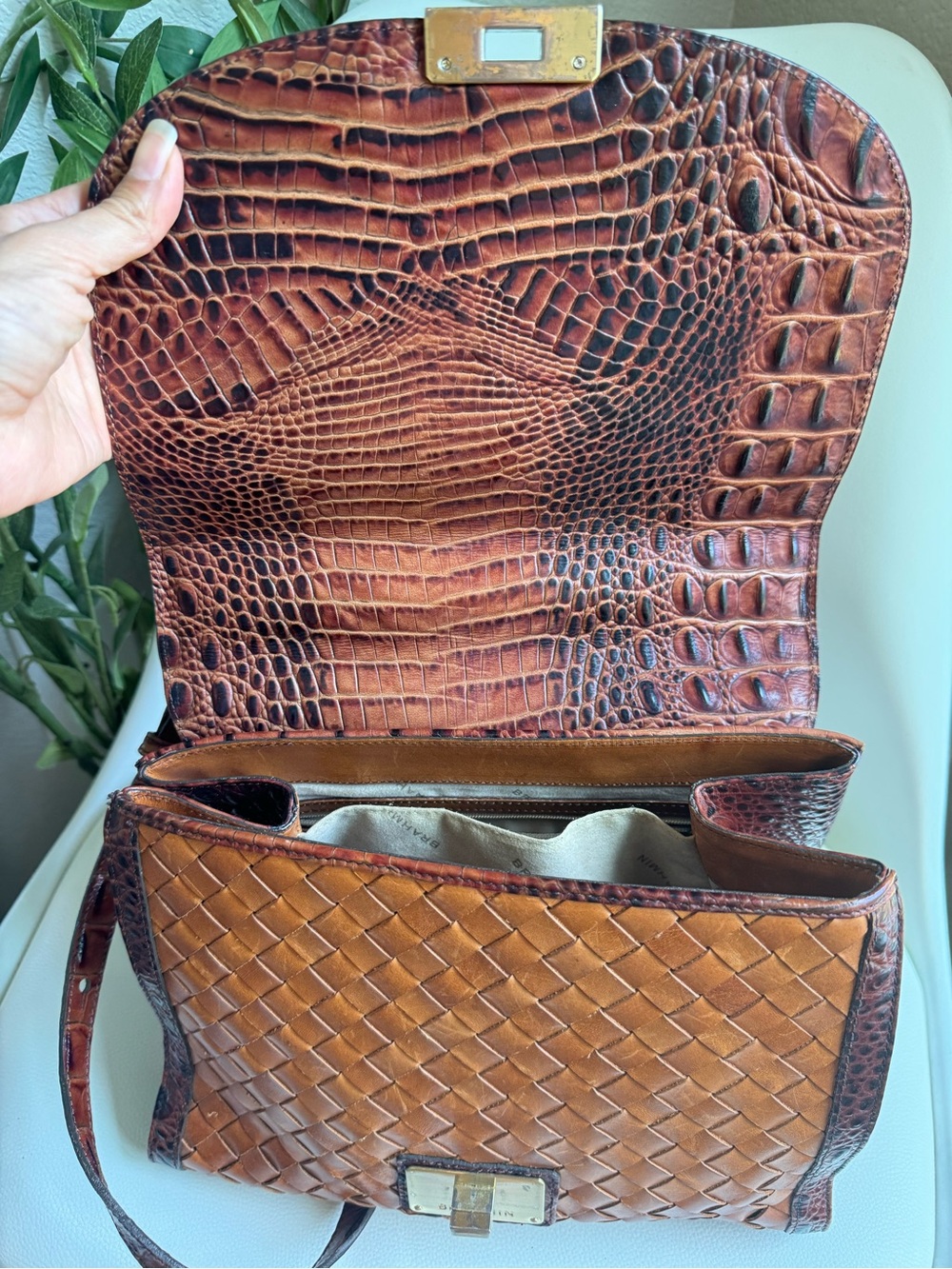 Brahmin Debi Pecan Melbourne Brown Leather Woven Satchel Crossbody Bag - Picture 11 of 12